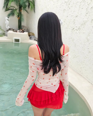 Off-shoulder bikini see-through ribbon cover-up piece swimsuit set frill skirt body-covering beachwear