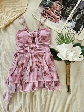 Butterfly Flower Shirring Pink One-Piece Swimsuit with Adjustable Straps Inner Pants Built-in Lower Body Cover Belly Cover Corsage Frill Beachwear