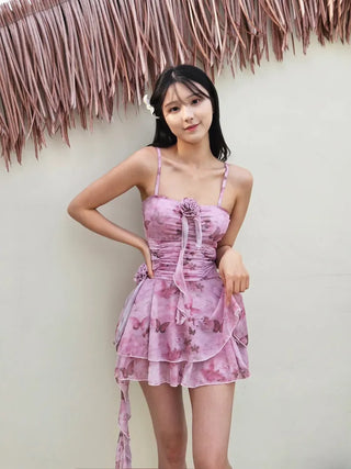 Butterfly Flower Shirring Pink One-Piece Swimsuit with Adjustable Straps Inner Pants Built-in Lower Body Cover Belly Cover Corsage Frill Beachwear
