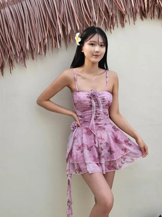 Butterfly Flower Shirring Pink One-Piece Swimsuit with Adjustable Straps Inner Pants Built-in Lower Body Cover Belly Cover Corsage Frill Beachwear