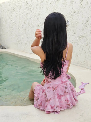 Butterfly Flower Shirring Pink One-Piece Swimsuit with Adjustable Straps Inner Pants Built-in Lower Body Cover Belly Cover Corsage Frill Beachwear
