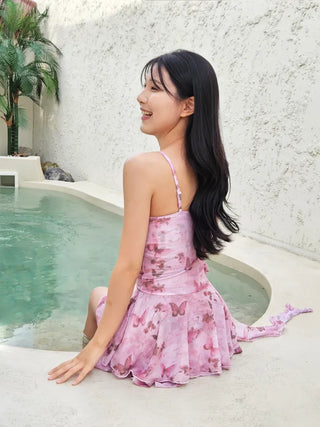 Butterfly Flower Shirring Pink One-Piece Swimsuit with Adjustable Straps Inner Pants Built-in Lower Body Cover Belly Cover Corsage Frill Beachwear
