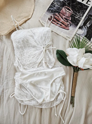 White piece bikini set swimsuit crop top + cover-up skirt + panties. A slim fit that covers your body shape and belly fat.