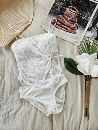 White piece bikini set swimsuit crop top + cover-up skirt + panties. A slim fit that covers your body shape and belly fat.