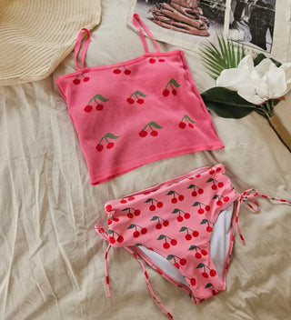 Cherry Pink Piece Bikini Set with Shirring String Knit Crop Top for a Loose Fit Vacation Look