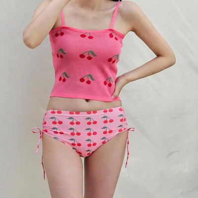 Cherry Pink Piece Bikini Set with Shirring String Knit Crop Top for a Loose Fit Vacation Look