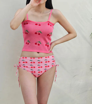 Cherry Pink Piece Bikini Set with Shirring String Knit Crop Top for a Loose Fit Vacation Look