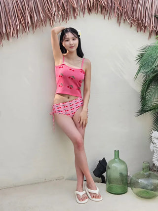 Cherry Pink Piece Bikini Set with Shirring String Knit Crop Top for a Loose Fit Vacation Look