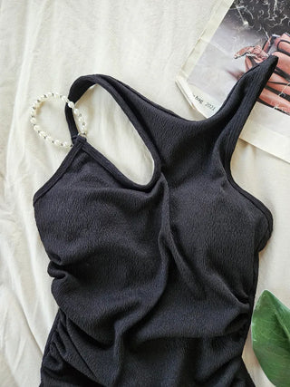 Pearl Strap Black Shirring Two-Piece Set Monokini Mood Skirt Included Resort Look Pool Villa Swimsuit