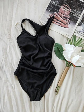 Pearl Strap Black Shirring Two-Piece Set Monokini Mood Skirt Included Resort Look Pool Villa Swimsuit
