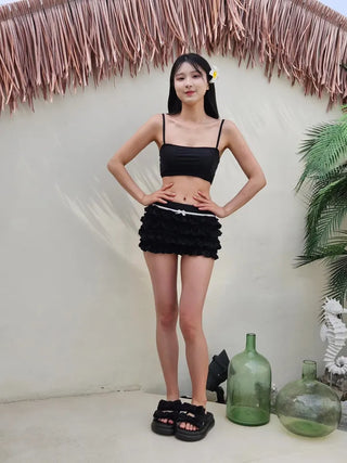 Black frill piece bikini set with crop top cover-up skirt and ribbon strap swimsuit
