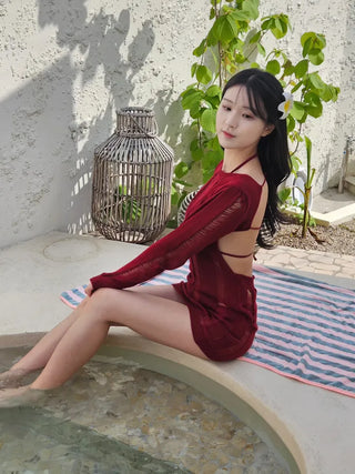 Burgundy color see-through sexy body cover piece knit cover-up set backless resort look