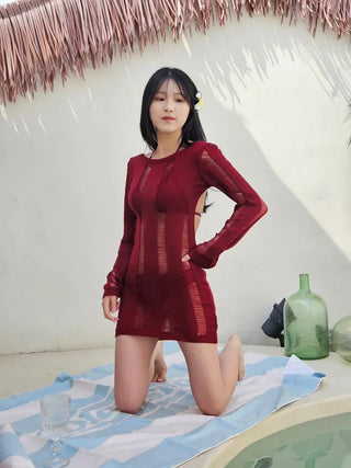 Burgundy color see-through sexy body cover piece knit cover-up set backless resort look