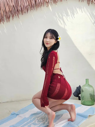 Burgundy color see-through sexy body cover piece knit cover-up set backless resort look