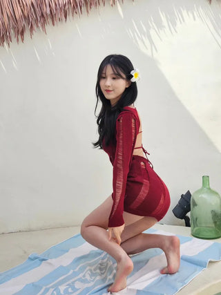 Burgundy color see-through sexy body cover piece knit cover-up set backless resort look