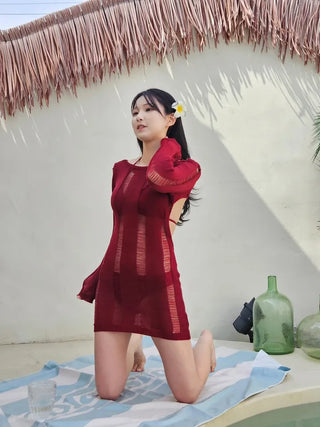 Burgundy color see-through sexy body cover piece knit cover-up set backless resort look