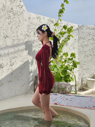 Burgundy color see-through sexy body cover piece knit cover-up set backless resort look