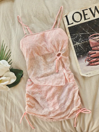 Lace piece bikini set with pink shirring skirt and ribbon lovely swimsuit