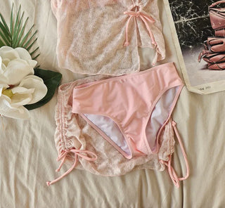 Lace piece bikini set with pink shirring skirt and ribbon lovely swimsuit
