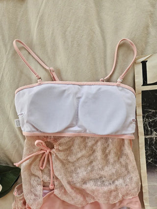 Lace piece bikini set with pink shirring skirt and ribbon lovely swimsuit