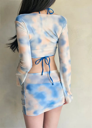 Cubic Point piece bra panty cover-up shirring skirt and swimsuit set with tie-dye see-through beachwear vacation look
