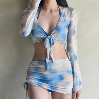 Cubic Point piece bra panty cover-up shirring skirt and swimsuit set with tie-dye see-through beachwear vacation look