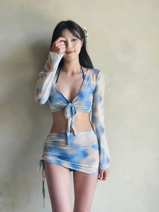 Cubic Point piece bra panty cover-up shirring skirt and swimsuit set with tie-dye see-through beachwear vacation look