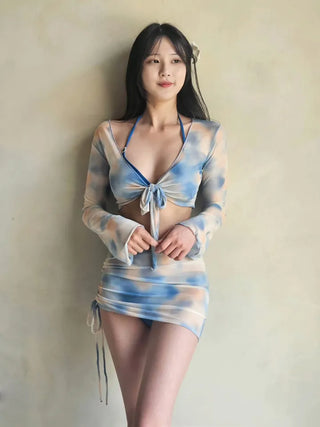 Cubic Point piece bra panty cover-up shirring skirt and swimsuit set with tie-dye see-through beachwear vacation look