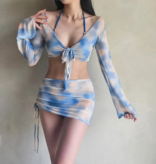 Cubic Point piece bra panty cover-up shirring skirt and swimsuit set with tie-dye see-through beachwear vacation look