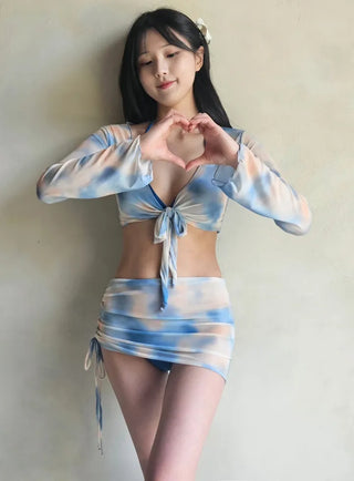 Cubic Point piece bra panty cover-up shirring skirt and swimsuit set with tie-dye see-through beachwear vacation look