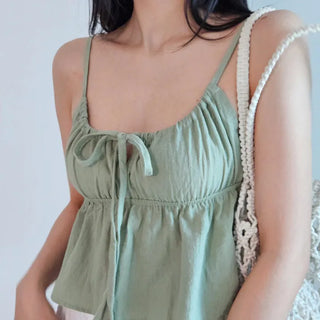 Khaki shirring resort look vacation ribbon strap sleeveless nasi crop top nasi top