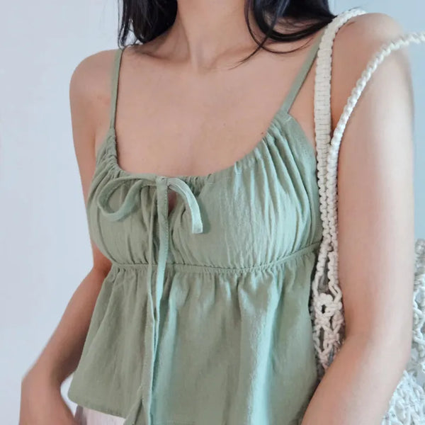 Khaki shirring resort look vacation ribbon strap sleeveless nasi crop top nasi top
