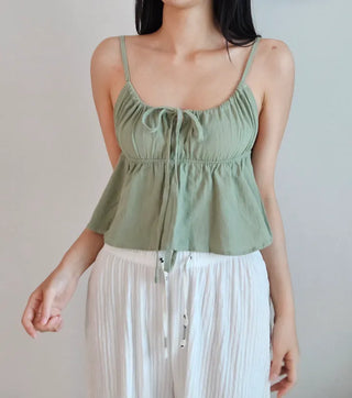 Khaki shirring resort look vacation ribbon strap sleeveless nasi crop top nasi top