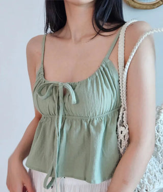 Khaki shirring resort look vacation ribbon strap sleeveless nasi crop top nasi top