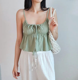 Khaki shirring resort look vacation ribbon strap sleeveless nasi crop top nasi top