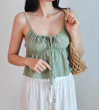 Khaki shirring resort look vacation ribbon strap sleeveless nasi crop top nasi top
