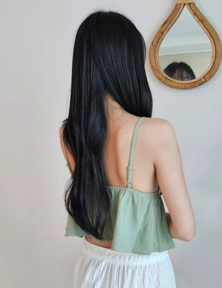 Khaki shirring resort look vacation ribbon strap sleeveless nasi crop top nasi top