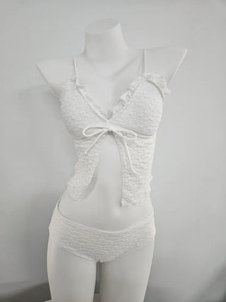 Smoke Frill Shrink Ribbon Slim Fit Bikini White Resort Look Nashi Tank Top Swimsuit