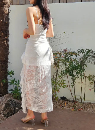 Lace frill unbalanced resort look summer sleeveless nasi white long spandex one-piece dress