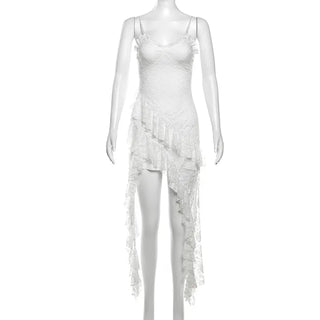 Lace frill unbalanced resort look summer sleeveless nasi white long spandex one-piece dress