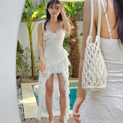 Lace frill unbalanced resort look summer sleeveless nasi white long spandex one-piece dress