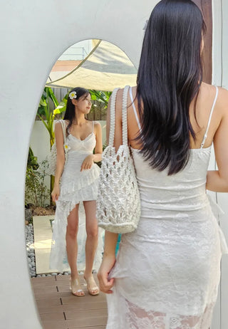 Lace frill unbalanced resort look summer sleeveless nasi white long spandex one-piece dress