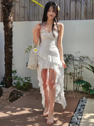 Lace frill unbalanced resort look summer sleeveless nasi white long spandex one-piece dress