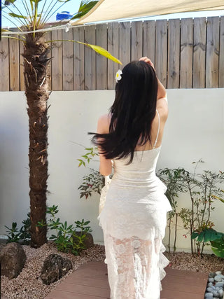 Lace frill unbalanced resort look summer sleeveless nasi white long spandex one-piece dress