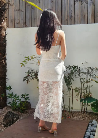Lace frill unbalanced resort look summer sleeveless nasi white long spandex one-piece dress