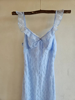 Sky blue loose fit lace frill slip long one-piece dress summer vacation look sleeveless nasi chiffon one-piece dress