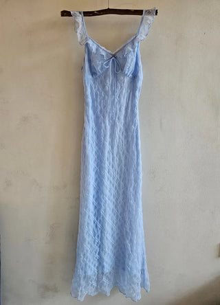 Sky blue loose fit lace frill slip long one-piece dress summer vacation look sleeveless nasi chiffon one-piece dress