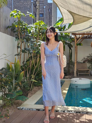 Sky blue loose fit lace frill slip long one-piece dress summer vacation look sleeveless nasi chiffon one-piece dress