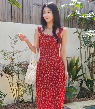 Red Flower Nashi Sleeveless Dress with Adjustable Straps Vacation Daily Look Resort Wing Dress