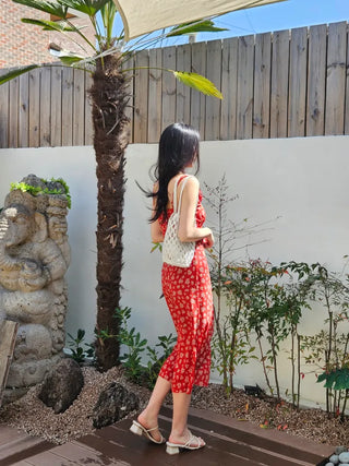 Red Flower Nashi Sleeveless Dress with Adjustable Straps Vacation Daily Look Resort Wing Dress